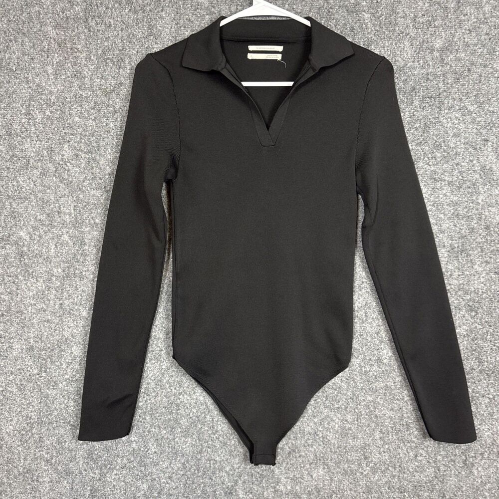 Anthropolgie Arden Collared Bodysuit Womens Size S Black Ribbed Sporty Capsule
